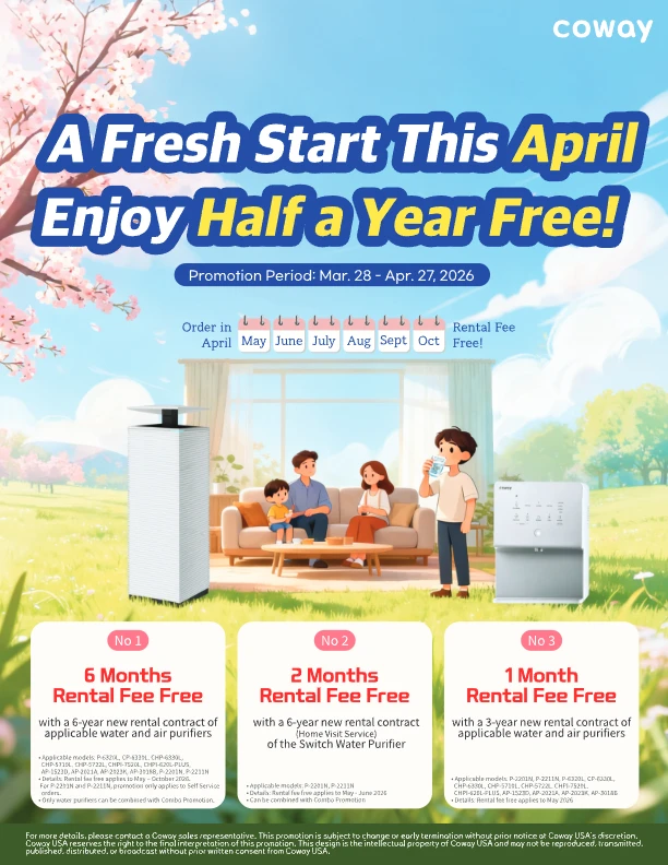2026 April Coway USA Best Rental Promotion and Combo Discounts Coway USA April Promotion - Up to 6 Months Rental Fee Waiver on Water and Air Purifiers